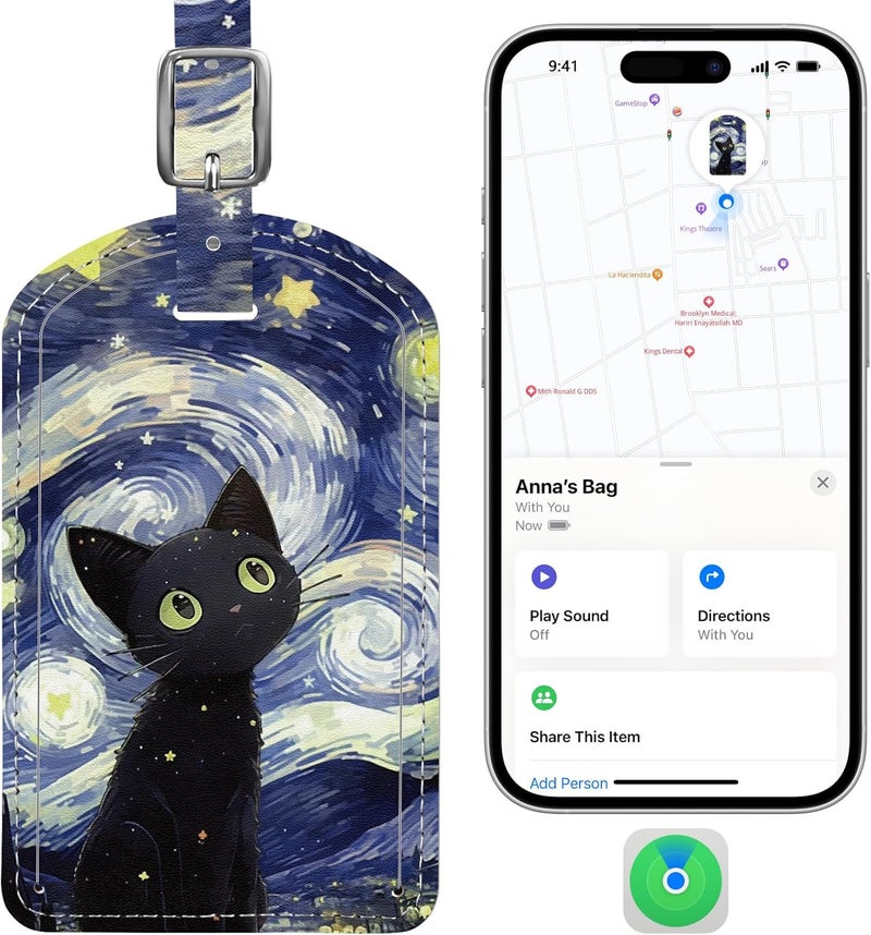 LifeChé Luggage Tags Built-in Anti-Loss Tracker, Luxury Leather Luggage Tags for Suitcase, Travel Bags, Backpacks, Travel Organizer for Lost Baggage Prevention (Starry Cat) - Image 1